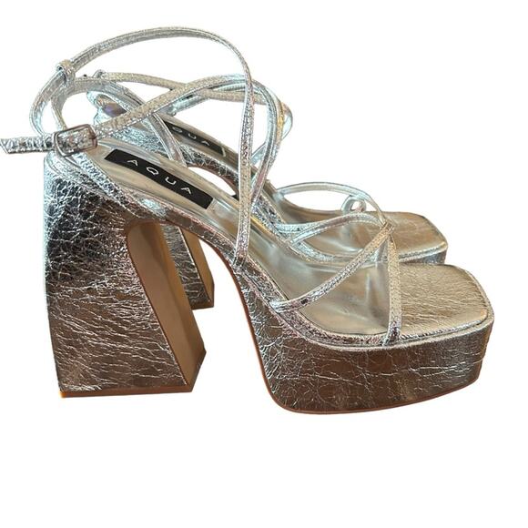 Aqua Chanc Metallic Silver High Heel Platform Sandals Square Toe Strappy NEW 8.5 - Picture 5 of 10